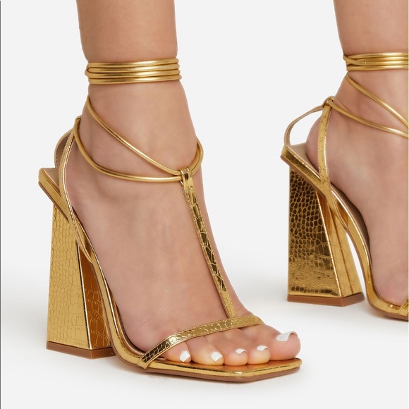 GOLD LACE UP T-BAR STRAPPY SQUARE TOE HEELS Heel Height: 4.5" - Picture 4 of 5